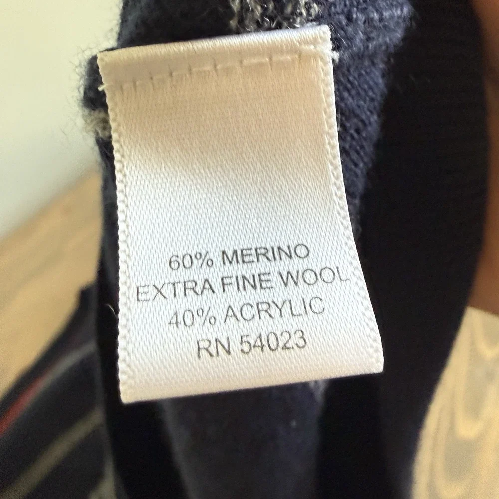 J. Crew Men's‎ Large Navy Blue Grey Stripe Merino Wool Blend Long Sleeve Sweater